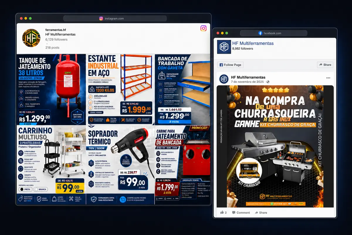 Montagem dos perfis da HF Multiferramentas no Instagram e no Facebook