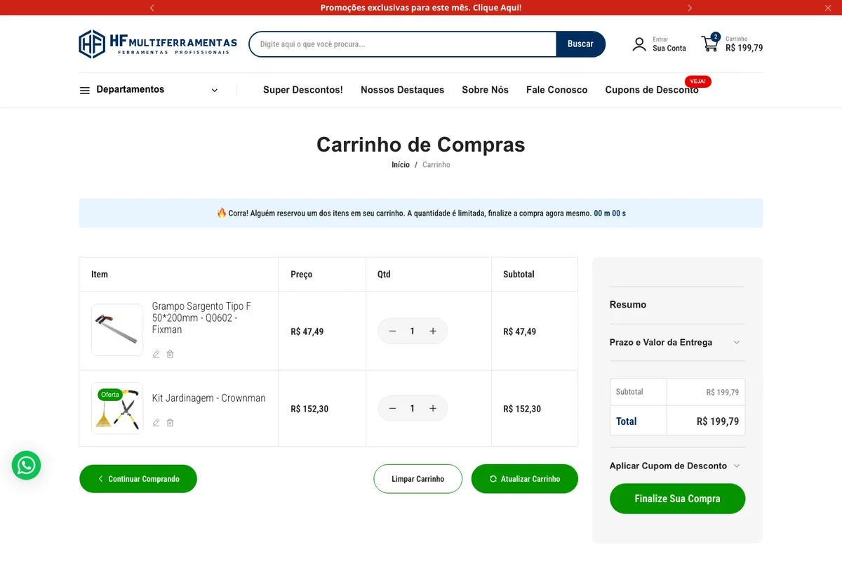 Carrinho real da loja virtual HF Multiferramentas com produtos adicionados