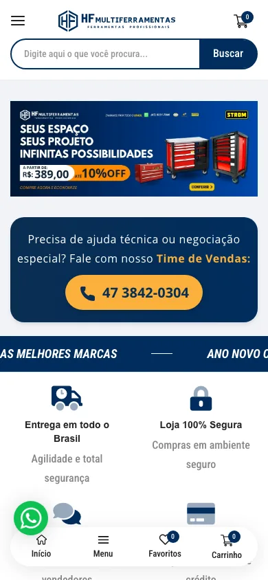 Homepage real da HF Multiferramentas em dispositivo móvel
