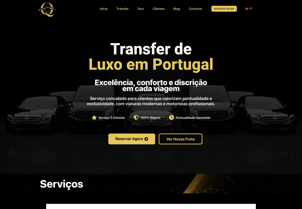 Homepage real da Quotidian Transfers em desktop