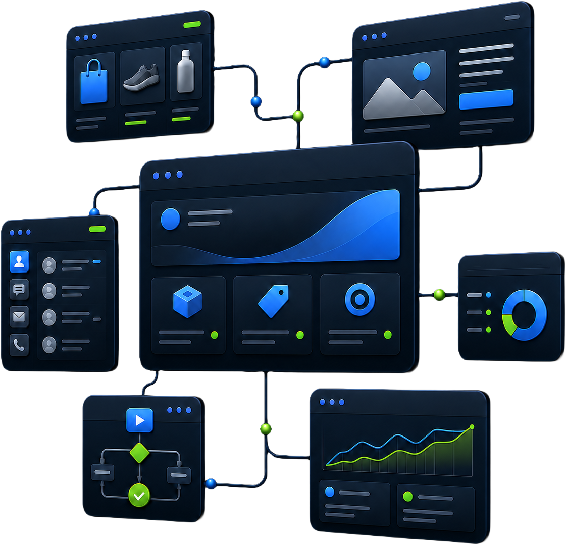 Operação digital com website, CRM, e-commerce, automação e análise conectados